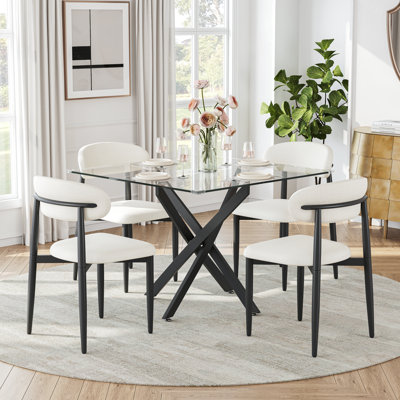 Modern Square Glass Dining Table Set For 2, 36" Tempered Glass Top And Rattan Velvet Upholstered Chairs For Small Dining Spaces