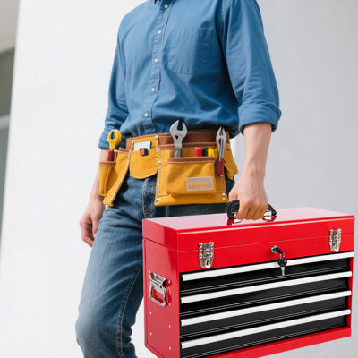 Red And Black 21 - Inch Tool Box With 4 Drawers, Portable, Bearing Tracks, Locking Feature, Liners For Yoga Equipment Portable Liners, & Steel Organizer Surfing Gear