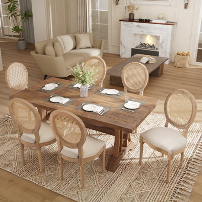 French Style Rattan Back Solid Wood Upholstered Dining Chairs(Set of 6)