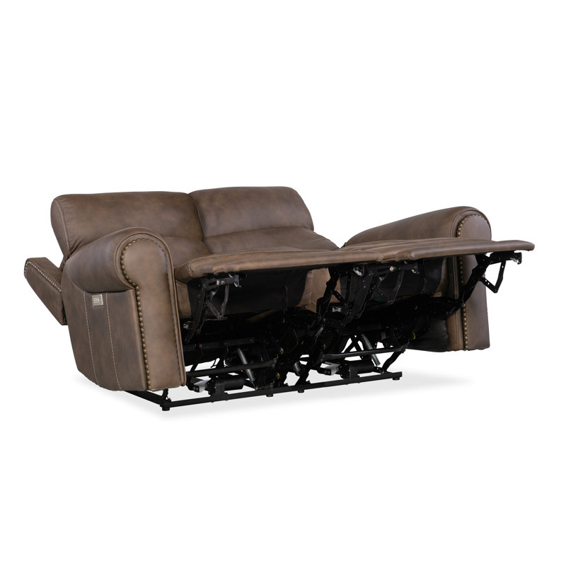 Kalahari Camel Leather Reclining Loveseat with Rolled Arms and Nailhead Trim