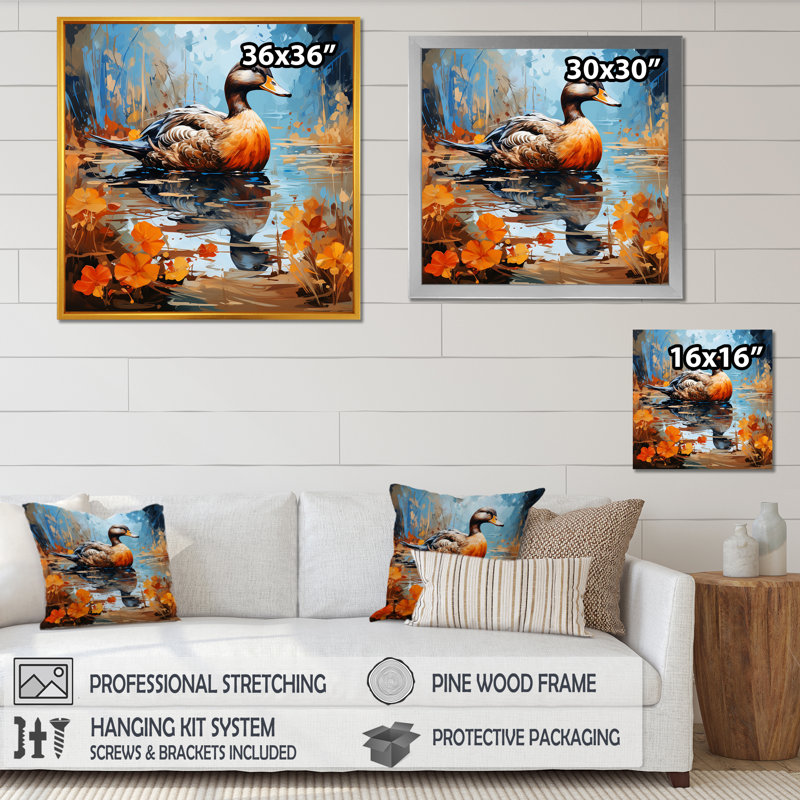 «Brown Duck In Pond II», art mural canard, Cadre flottant doré, H 30 po x l 30 po x P 1,5 po