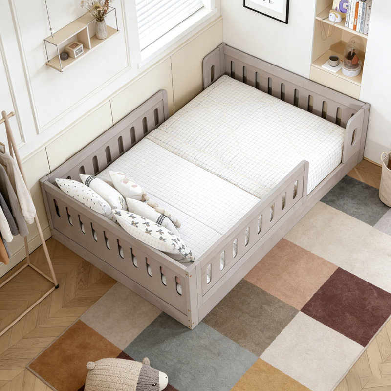 Lit plateforme en bois avec garde-corps, Naturel, Lit simple 