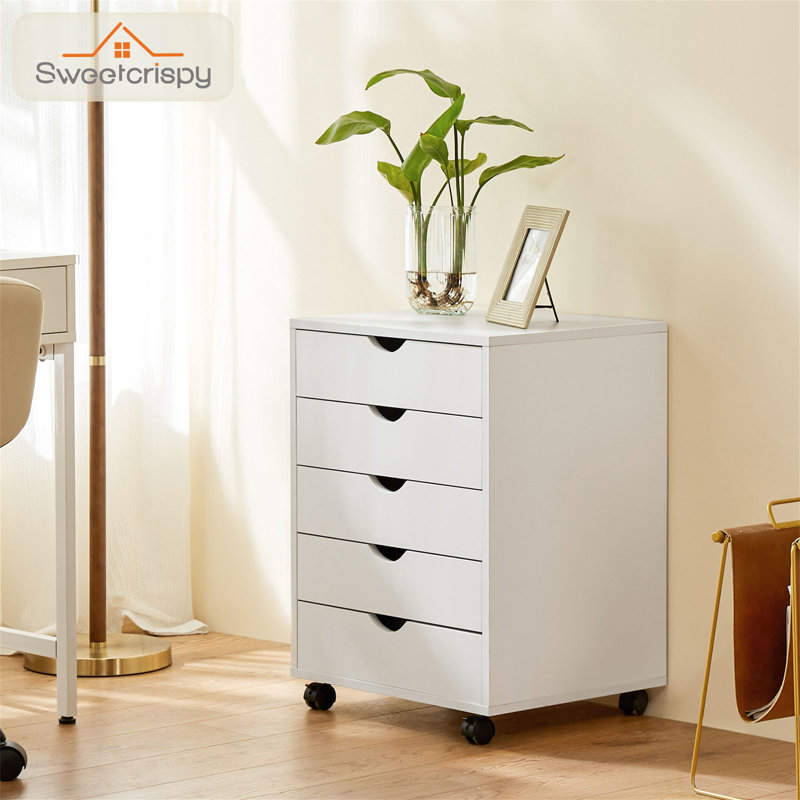 Commode 5 tiroirs Sweetcrispy - Armoires de rangement Commode en bois avec roulettes, Blanc