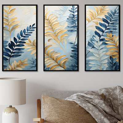 «Blue and Golden Ferns Breeze Symphony II», ensemble d'impressions d'art mural fougères