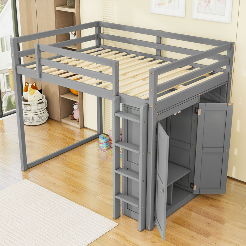 Lit mezzanine double multifonctionnel en bois avec garde-robe, tablettes, lumière DEL et garde-corps, Gris