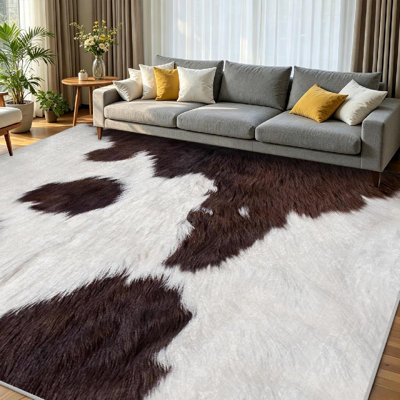 Black Machine Washable,Cow Skin Abstract Africa Animal Indoor Area Rug