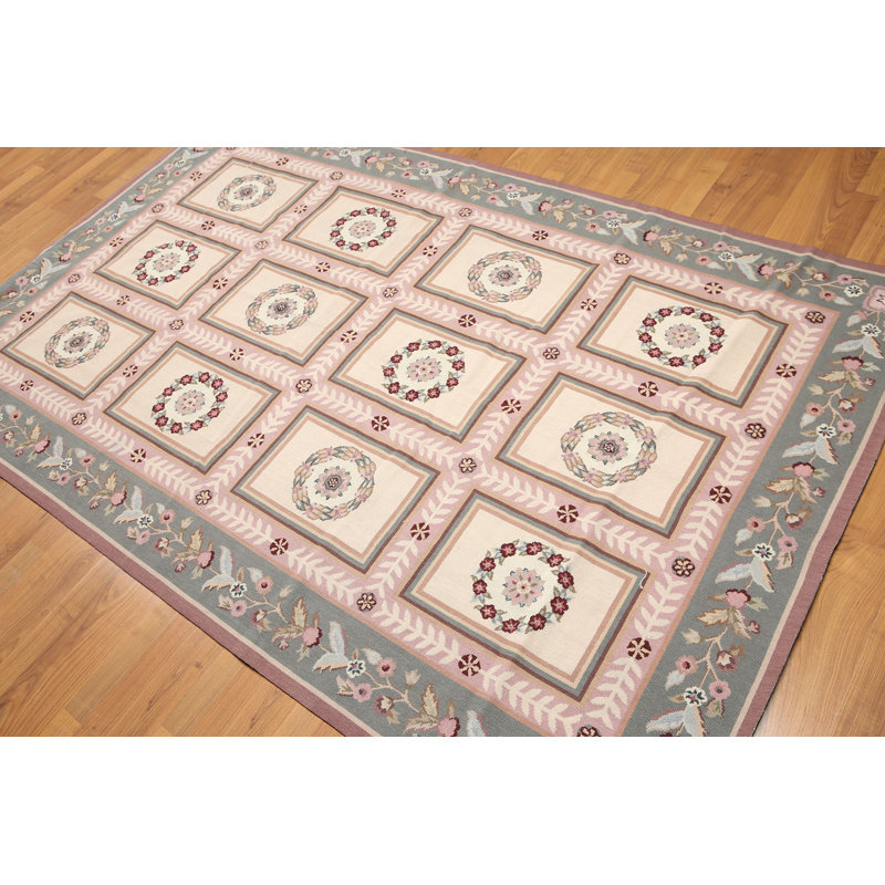 Tapis de zone en laine beige/rose 6 pi x 9 pi one-of-kind à la main noué la Gearhart