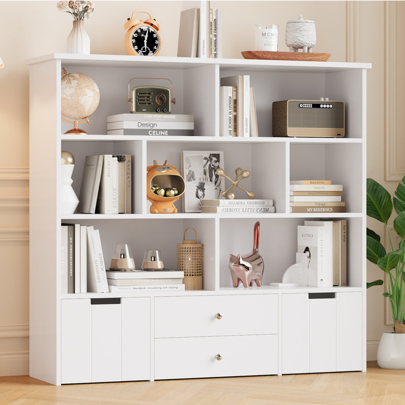 49.1" W Bookcase, 4-tier Bookshelf, Storage Organizer With Drawers, White