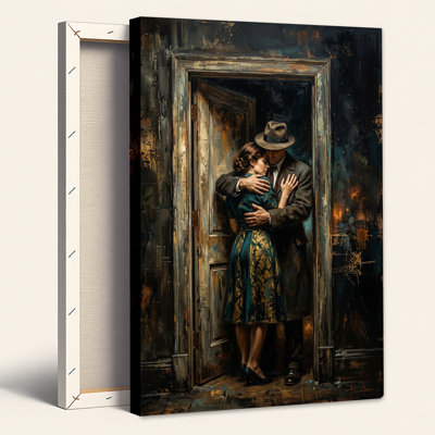 Couple vintage enlacé dans une porte patinée, robe turquoise, toile murale