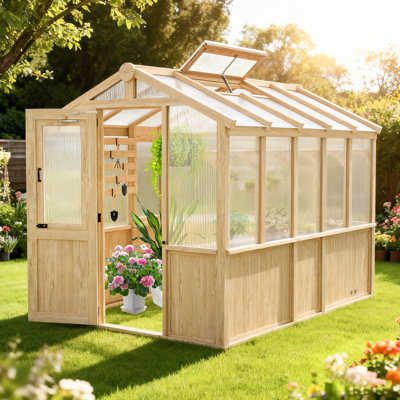 6.7x9.6 ft. Wooden Greenhouse with Cedar Frame, Outdoor Wood Polycarbonate Walk-in Greenhouses with Roof Vent