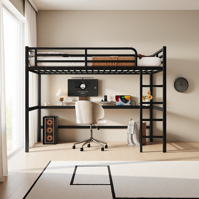 Metal Queen Size Loft Bed With Power Outlet And LED Lighted, Space-Saving, Noise Reduced