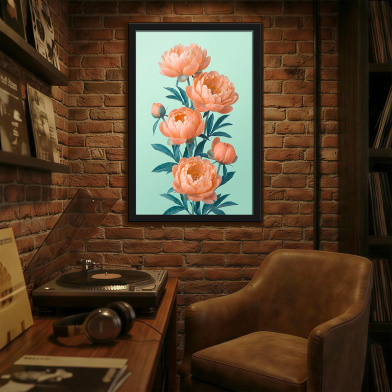 Plantes et fleurs pivoines sur fond menthe, H 24 po x l 36 po