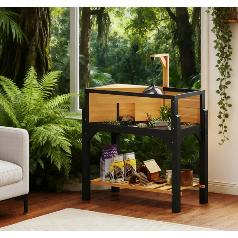 Habitat en bois de tortue en bois avec tablette de rangement, enceinte de tortue avec fenêtres transparentes, plateau ouvrable, support de lampe, jaune