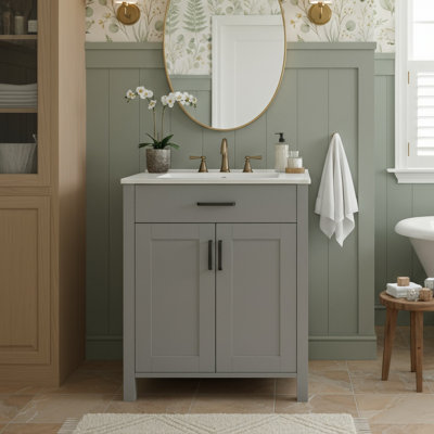 Meuble-lavabo autoportant 24 po avec lavabo en céramique, cadre en bois massif, 1 porte à fermeture douce et 1 tiroir