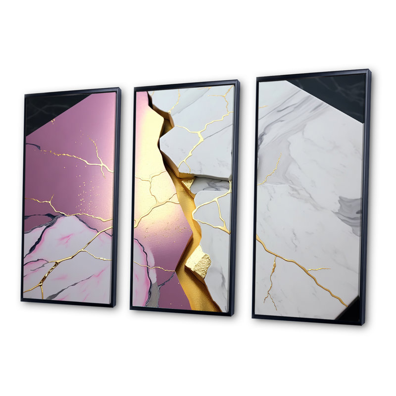 «Abstract Geode Pink III», reproduction sur toile flottante 3 pièces, H 28 po x l 36 po x P 1 po, Noir