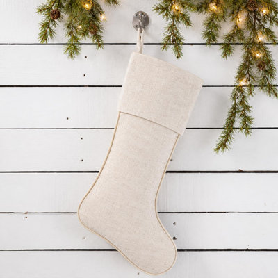 Rustic Holiday Décor Gold Piping Natural Linen Blend Decorative Christmas Stocking 7" W X 15" L