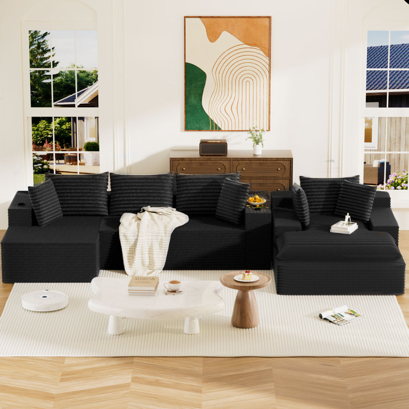 Canapé modulaire moderne avec revêtement en velours côtelé, méridienne réversible, coussins supplémentaires, canapé en tissu à assise profonde pour le salon