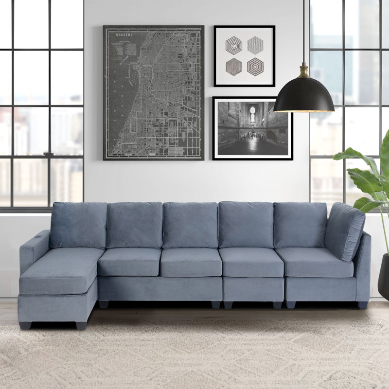 Canapé modulaire à méridienne rembourré 4 pièces Alajia, Velours gris