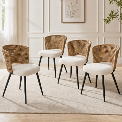 Ensemble de 4 chaises de salle à manger en rotin, chaises de cuisine de style campagnard en rotin PE avec coussin en molleton doux, sièges de salle à manger avec dossier en canne et pieds en métal pour la maison et la cuisine (brun)