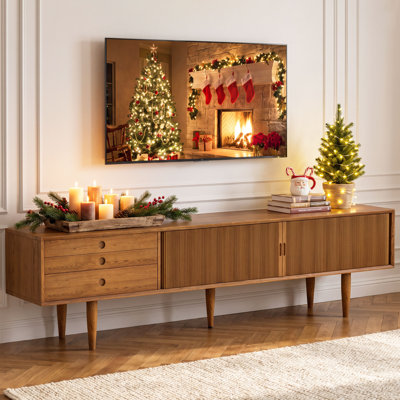 86.6'' Solid Wood Mid-Century Modern TV Stand with Fluted Doors, Walnut Finish and Storage