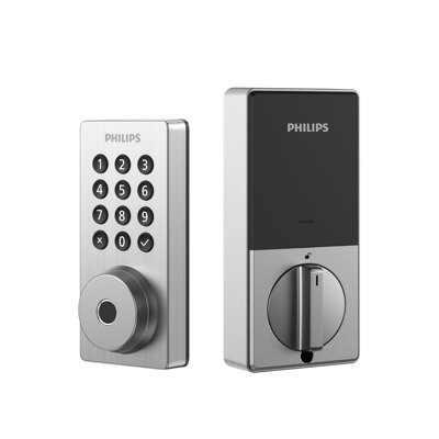 Serrure de porte Philips Smart Wi-Fi avec bouton-poussoir lumineux, code d'accès, lecteur d'empreintes digitales, clé traditionnelle et accès aux applis avec levier