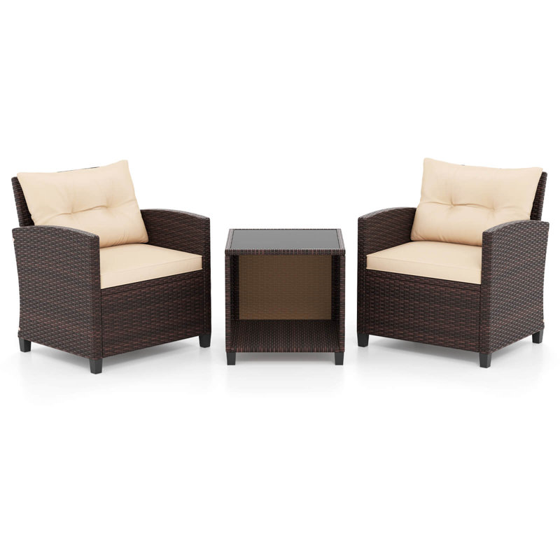 3 PCS Patio Sofa Set with Cushions & Tempered Glass Tabletop for Backyard