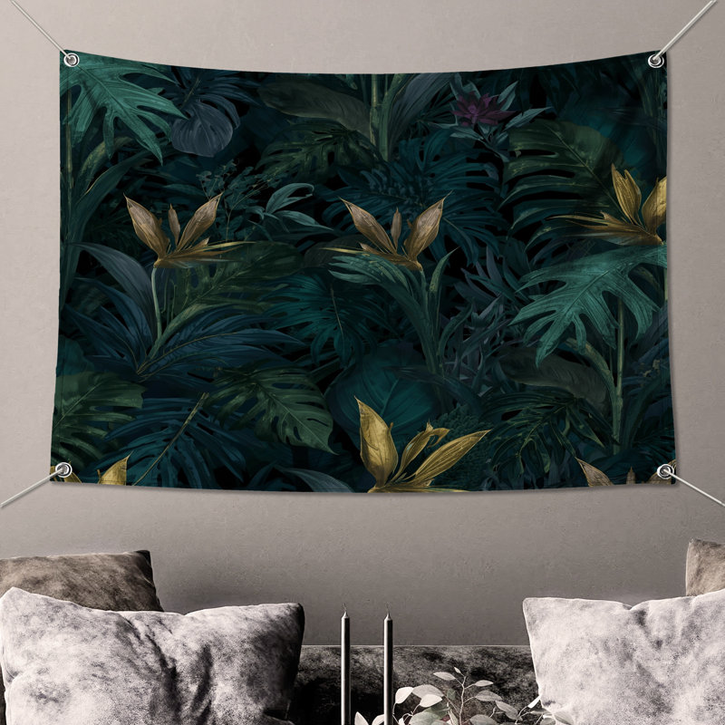 Tropical Foliage Illustration Wall Tapestry - Tropical Wall Decor, 68in H x80in W with 4 Grommets