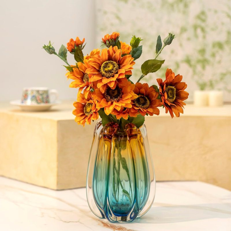 Hand Blown Glass Vase Unique Wide Mouth Flower Vase