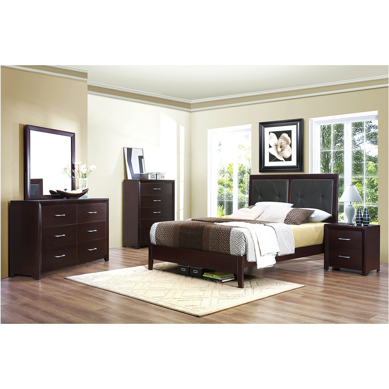 Ensemble de chambre avec lit plateforme 6 pièces, Simple, Espresso, 5 pièces : lit, table de chevet, commode, miroir
