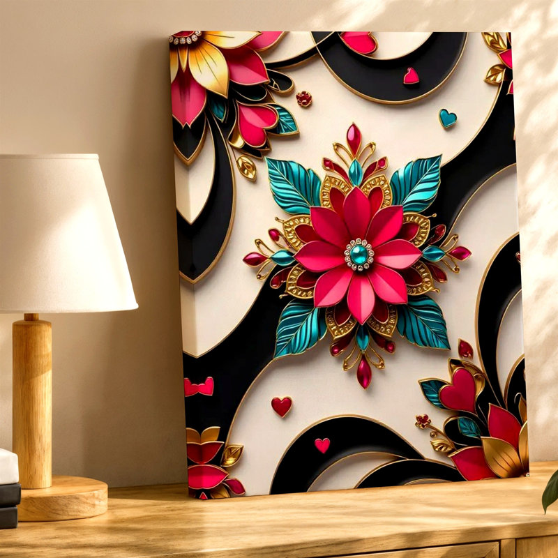 Abstrait floral cœur noir, rose, bleu sarcelle, impression sur toile 3D, 9" H x 12" W