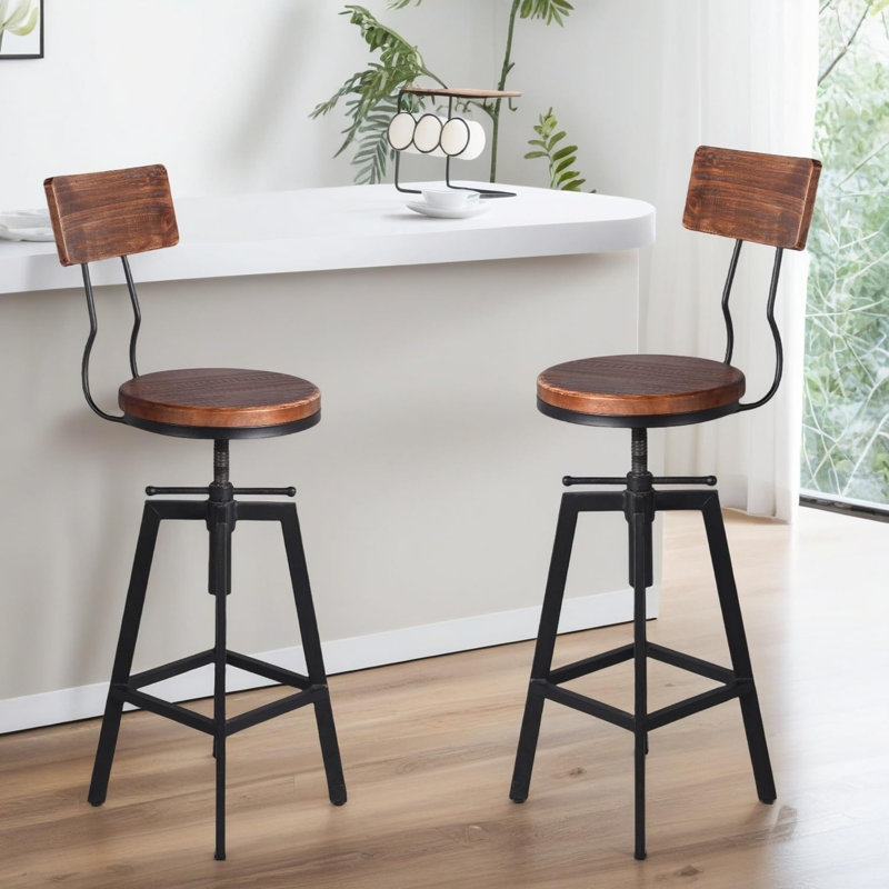 Borotice Swivel Adjustable Height Counter Stool with Metal Frame, Black/Brown, 2