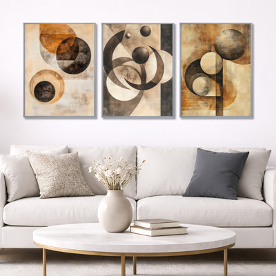 Orbiting Shapes in Sepia Space - Abstract Shapes, impression sur toile 3 pièces