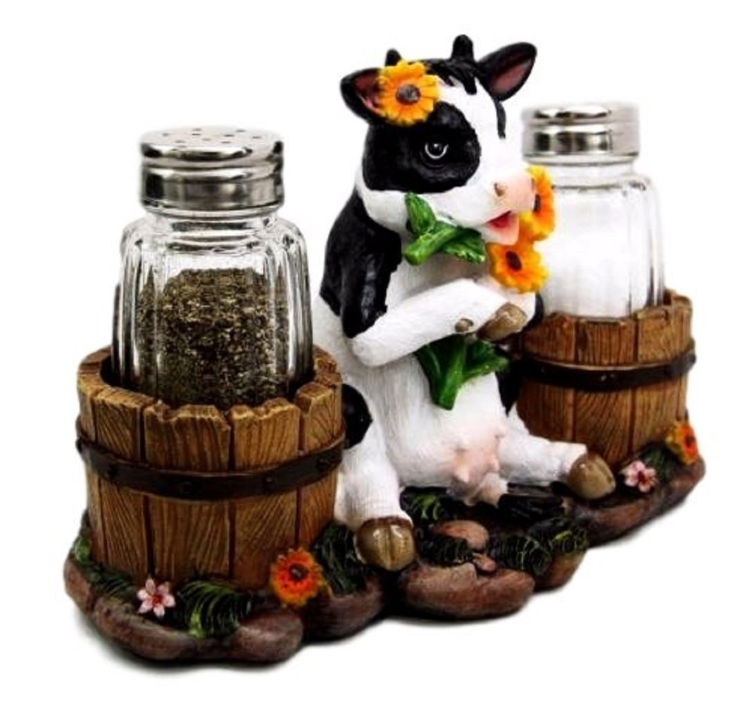Jonise Lovely Sunflower Cow with Old Milk Barrels Decorative Glass Salt and Pepper Shaker Set Trinx