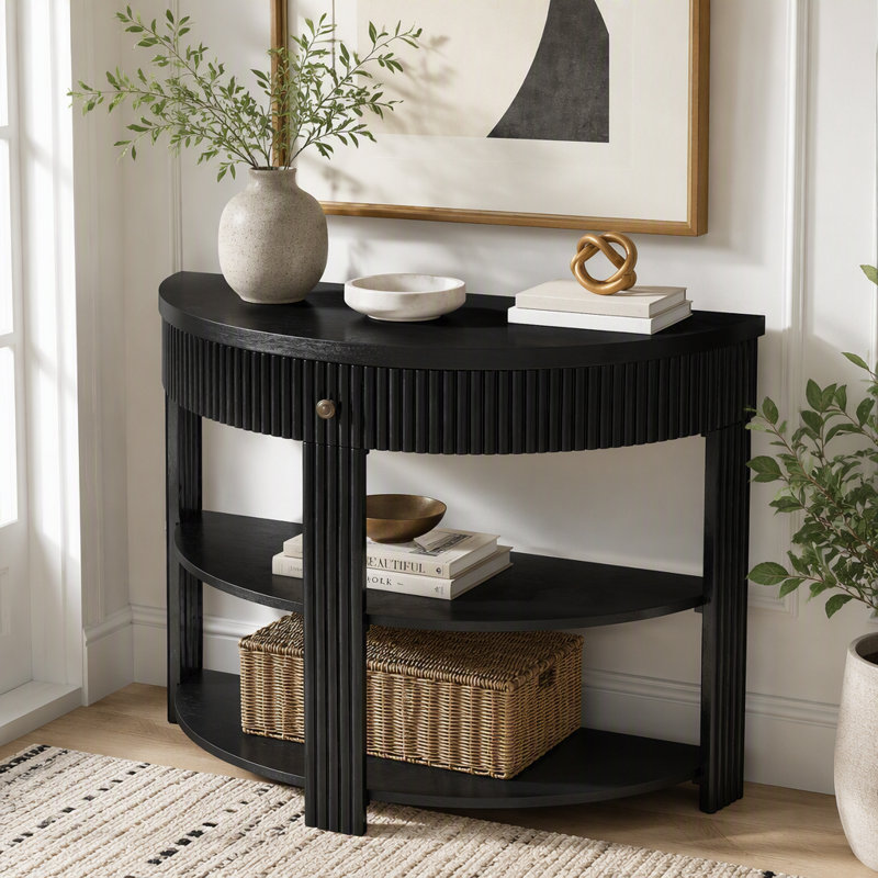 Console demi-lune cannelée avec tiroir et tablettes, Noir