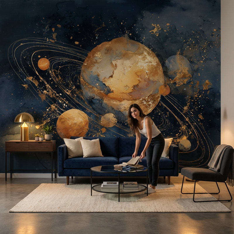 Papier peint cosmique planètes, décoration murale abstraite céleste, Texturé non collé, 140 po x 108 po