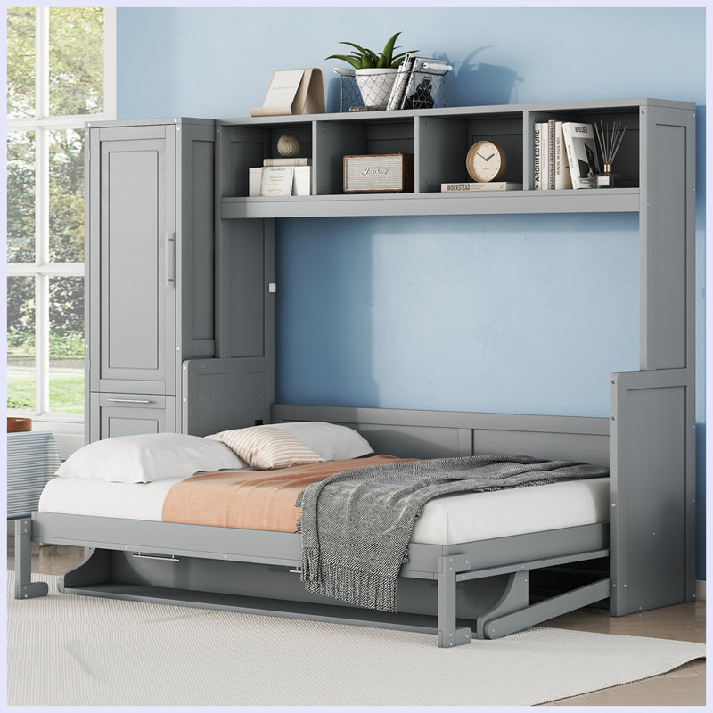 Lit escamotable moderne avec placard et tiroirs, Gris, Complète