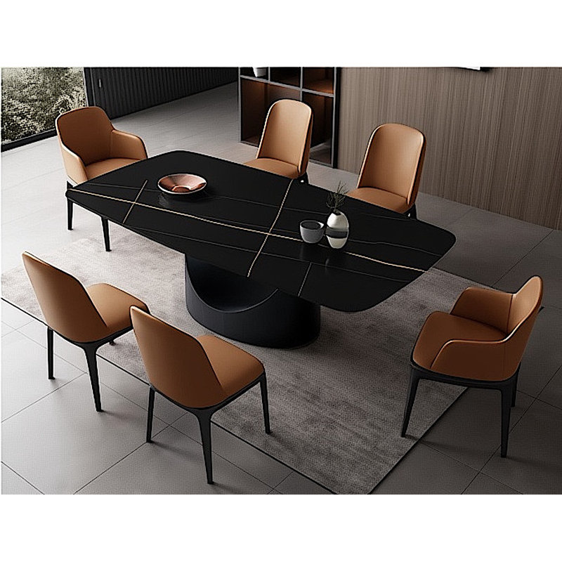Table de salle à manger moderne de 63 po en pierre frittée pour 6 personnes avec base en métal incurvée en forme de U et coins arrondis