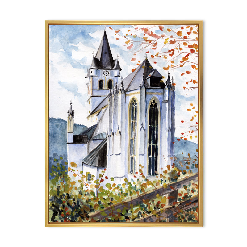 Église gothique verte - Peinture sur toile, H 32 po x l 16 po, Cadre flottant doré