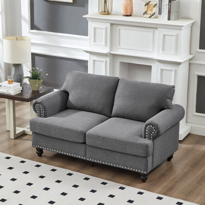 Confortable et classique à 2 places 59,5 po, rembourré gris avec accoudoirs ronds, pieds en bois massif, coussin à haute élasticité à ressorts, housse de coussin amovible, espace de rangement 100% américain moderne,