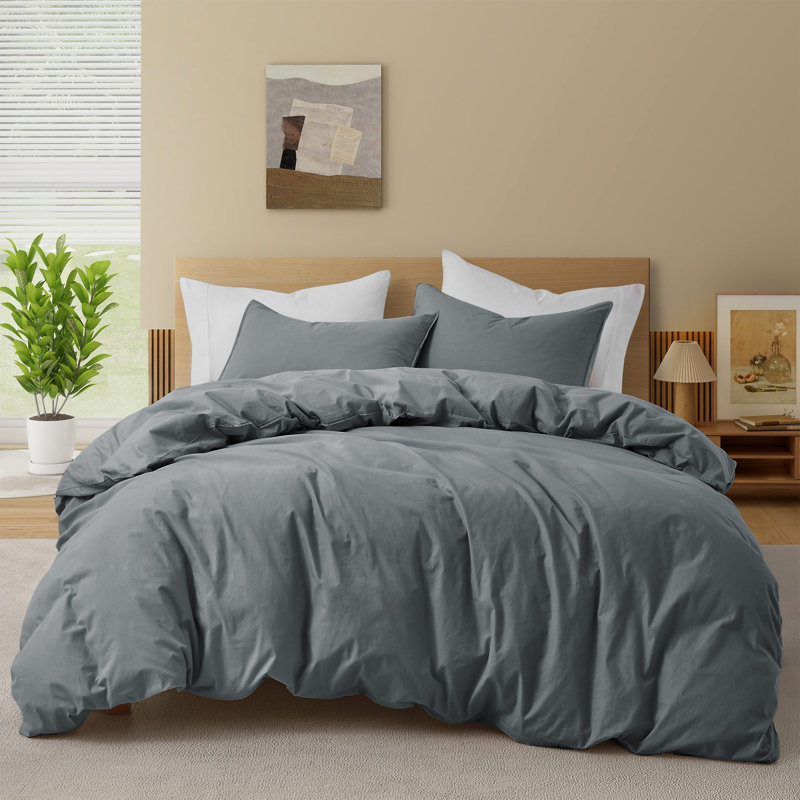Ensemble de housse de couette en coton, Housse de couette simple + 1 taie d'oreiller, Gris
