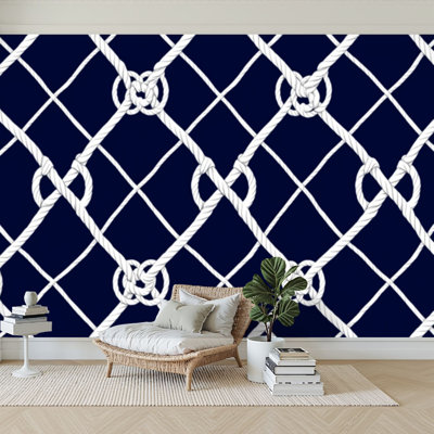 Wall Mural Peel and Stick Wallpaper Seamless nautical rope Endless navy white loop ornament Marine Carrick Self-Adhesive Removable Contact Paper Wall Decor for Living Room Bedroom 100"H x 144"W