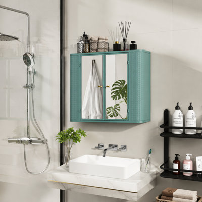 Army Green Wall-Mounted Bathroom Cabinet with Mirror, 2 Mirrored Doors & Open Shelf, Farmhouse Metal Frame Storage Cabinet with Open Compartment for Vanity, Toilet & Over-the-Sink