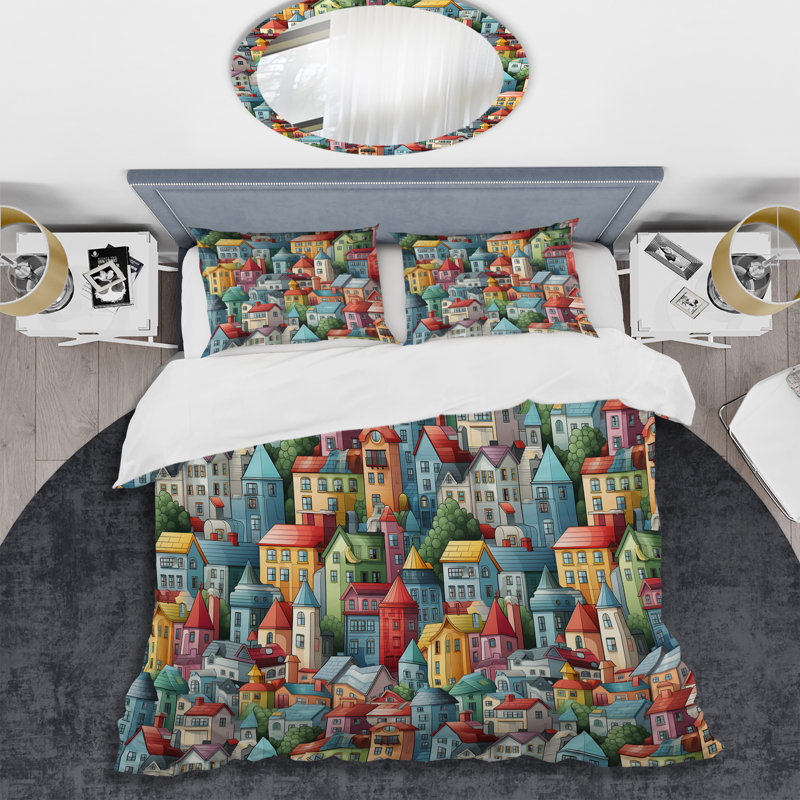 Ensemble de housse de couette en microfibre bleu / rouge Urban Buildings, Housse de couette simple + 1 taie décorative stan