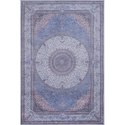 Traditional Collection - Machine Washable Area Rug, Traditional Washable, Non Slip, Low Pile Chenille Rug, Living Room, Bedroom, Kitchen Rug (Navy/Off White)
