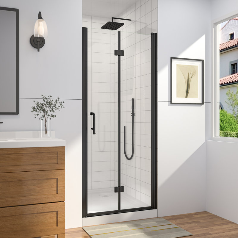 Porte de douche en verre pliable sans cadre l 32-34 po x H 72 po, porte de douche pliante sans cadre, Noir
