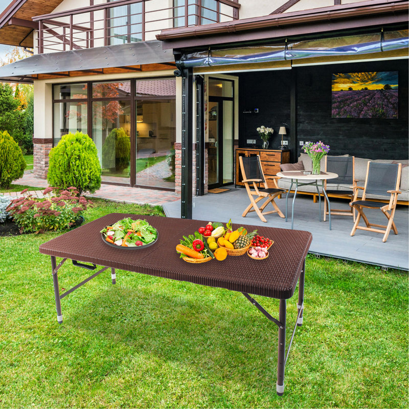 Brown Rattan Plaited Folding Table, 4FT Portable Foldable Wicker Table for Patio Garden