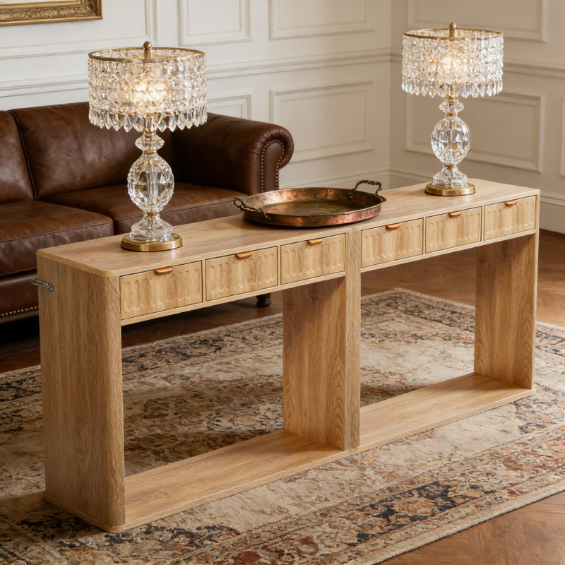 Console étroite avec 3 tiroirs et rangement, table de canapé mince pour le salon derrière le canapé, meuble télé dans le couloir avec conception cannelée robuste
