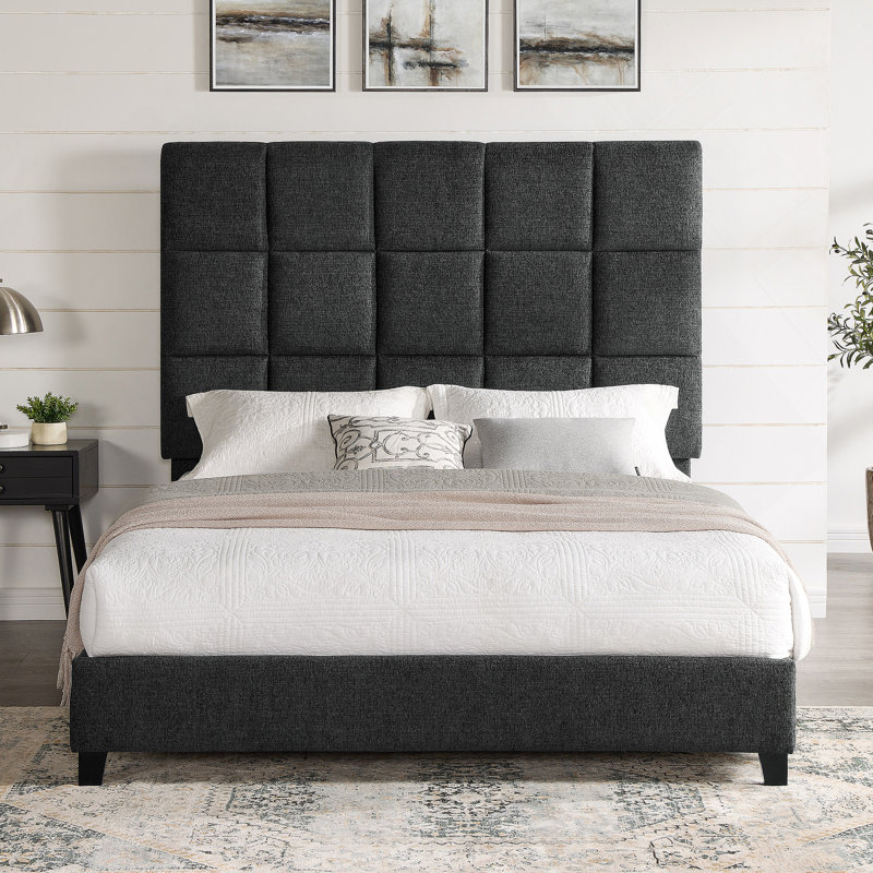 Squares Upholstered Platform Bed, Gray