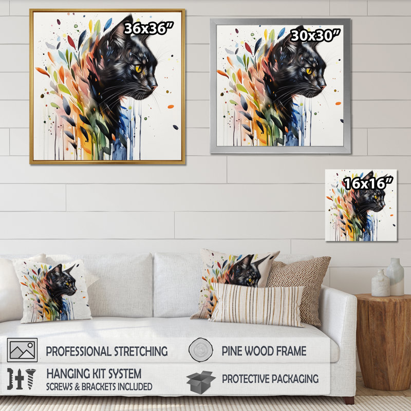 Portrait de chat botanique moderne, H 36 po x l 36 po, Reproduction encadrée, Noir