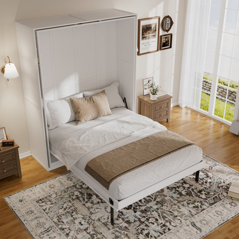 Grand lit escamotable avec supports de rangement cachés, Blanc